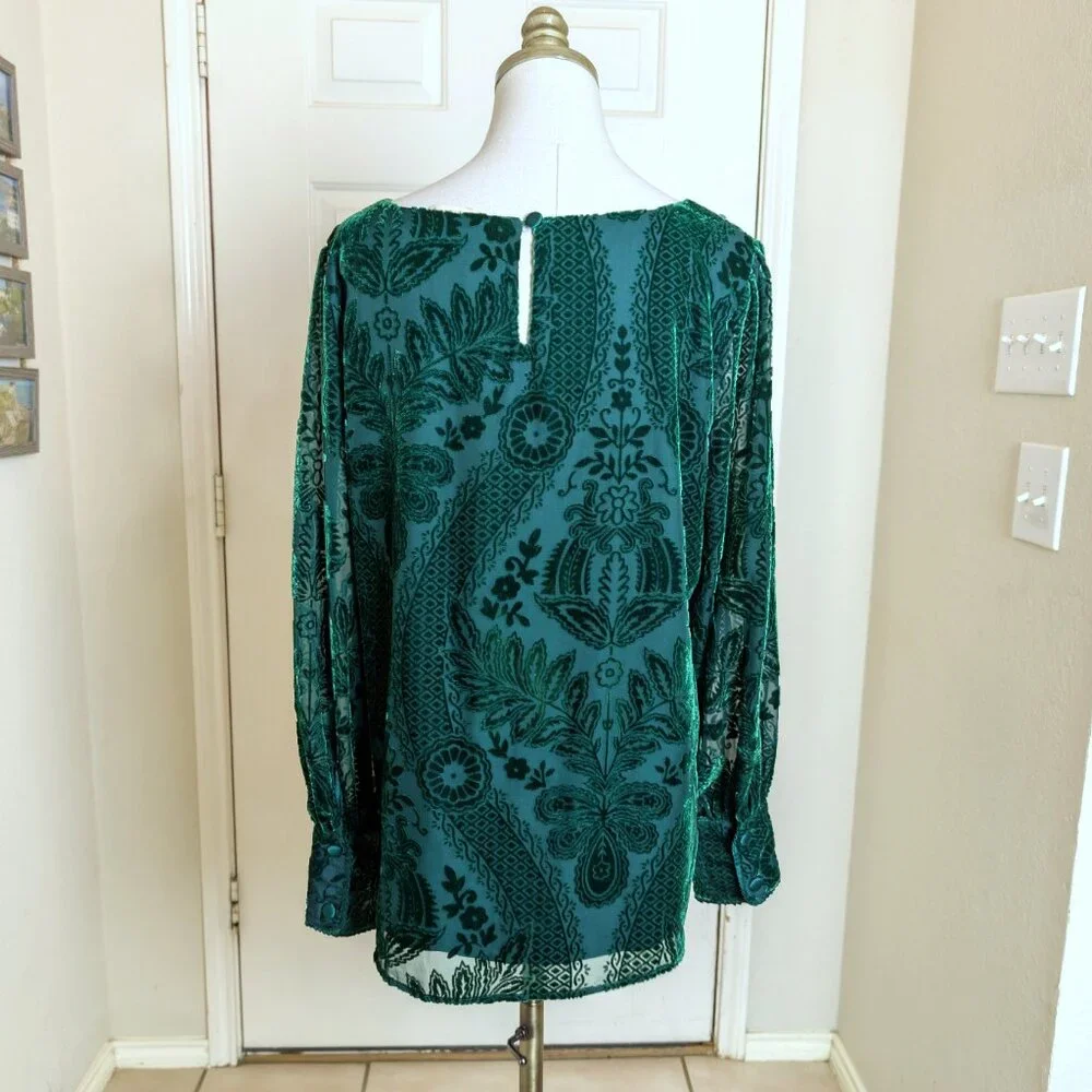 Soft Surroundings Emerald Green Burnout Velvet Blouse Size L Floral Poet Sleeve - Picture 6 of 8
